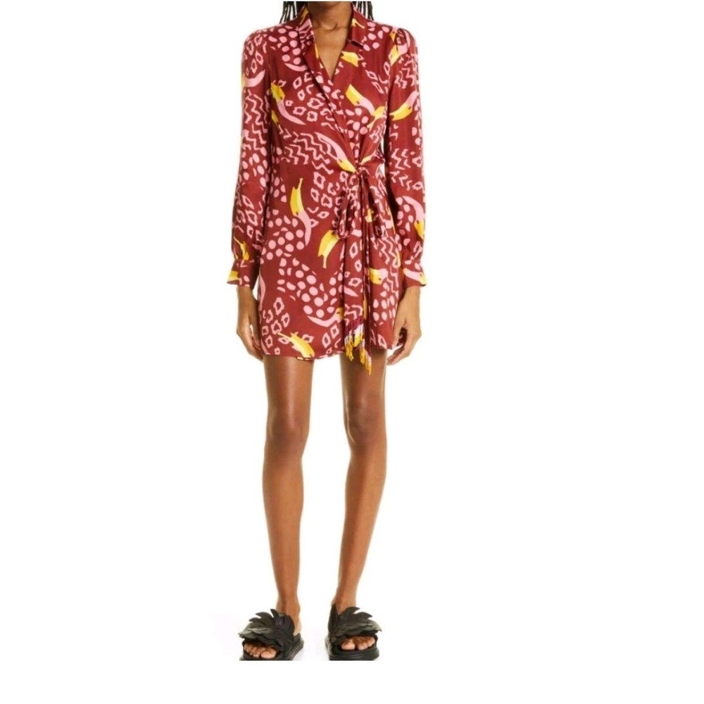 Farm Rio Size L Toucanissimo Print Long Sleeve Beaded Tie Mini Wrap Dress